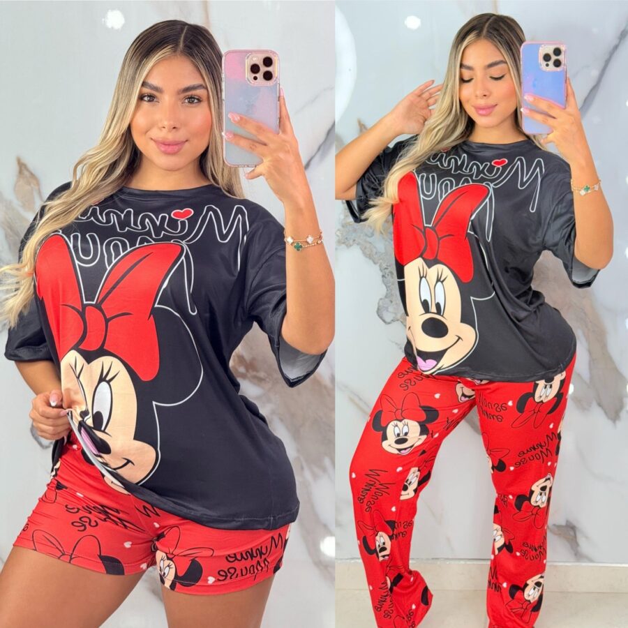 Conjunto de pijama camiseta, short y pantalon con estampado de Minnie