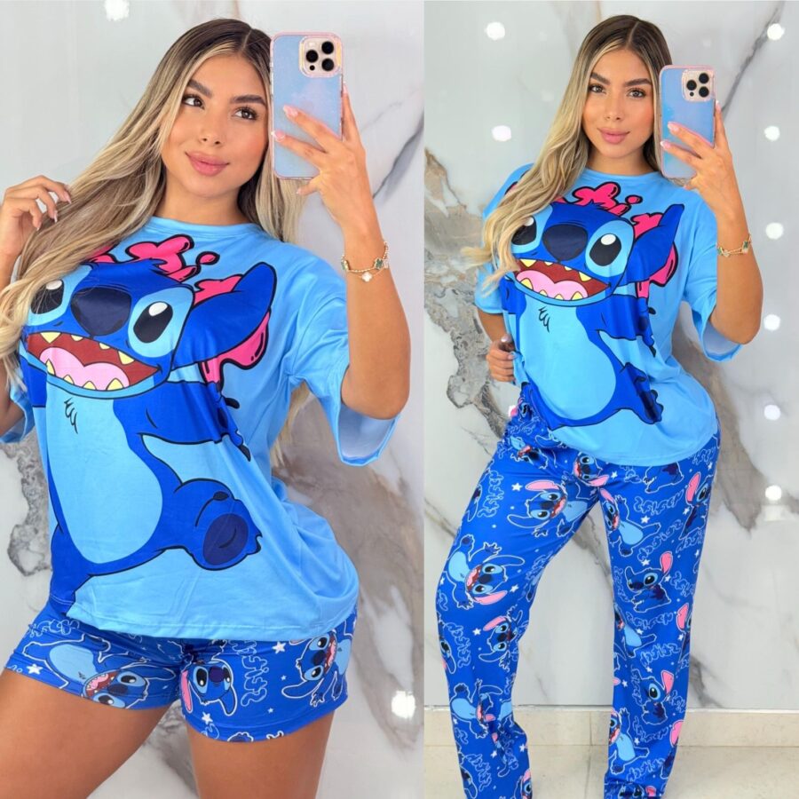 Conjunto de pijama camiseta, short y pantalon con estampado de Stitch