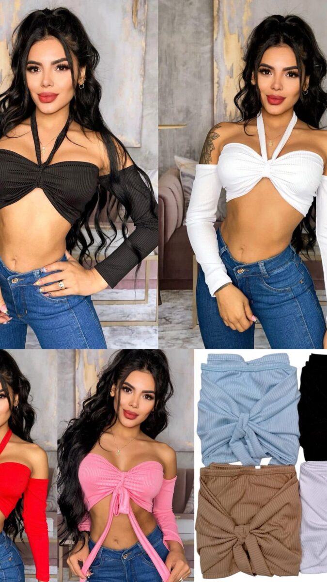 Crop top mangas de malla y escote tipo halter
