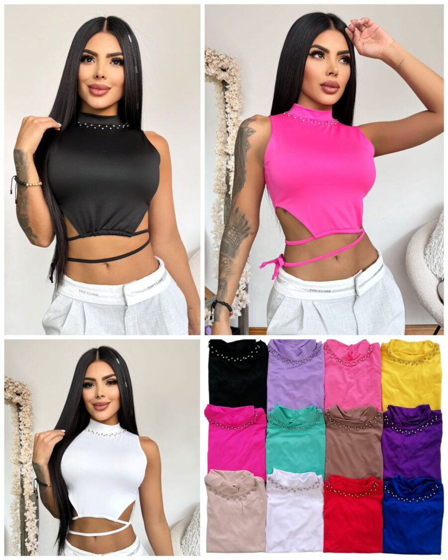 Crop top con detalle de perlas y cintas ajustables