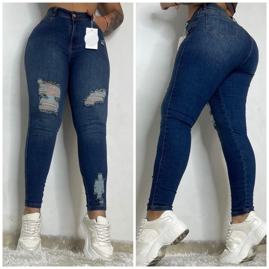 Jean push up bota tubo con bolsillos y rotos oscuro