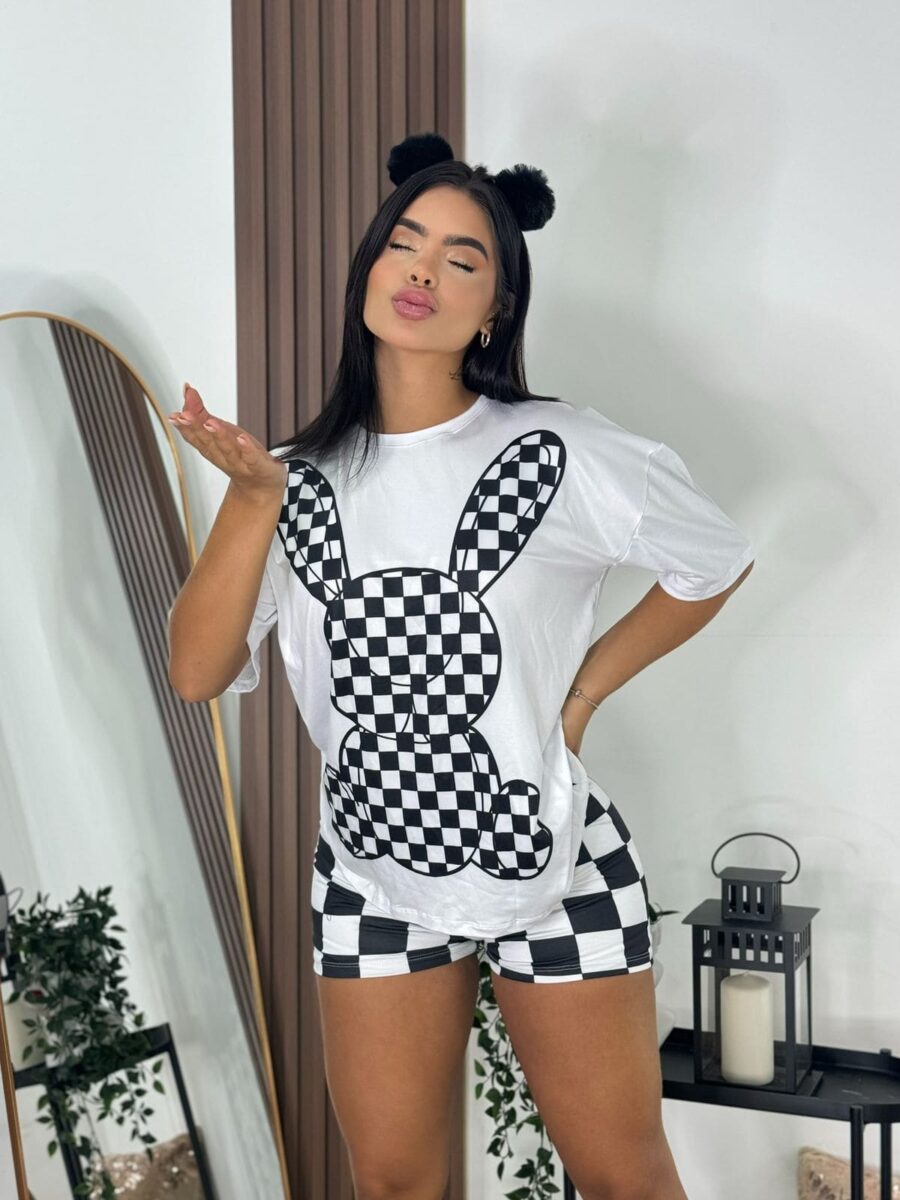 Conjunto de 3 piezas pijama a cuadros con diseño de conejo Talla Unica