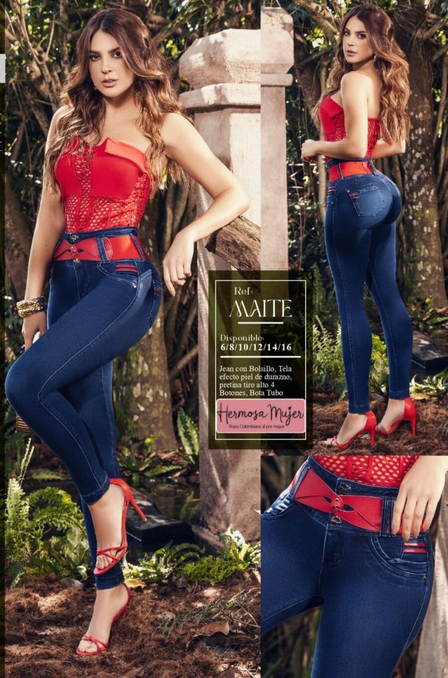 Jean bota tubo tiro alto con 4 botones y detalles rojos