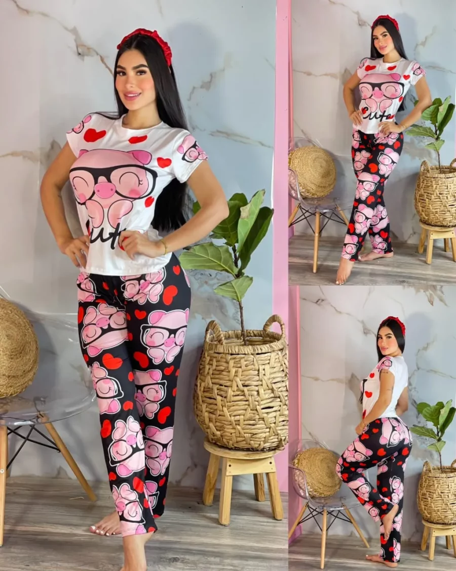 Pijama de dos piezas con diseño de cerdito Talla unica