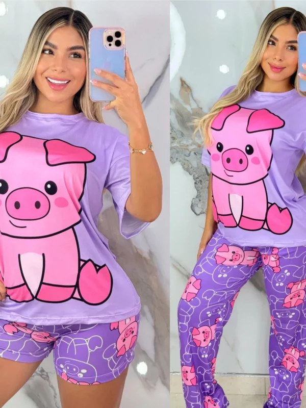 Pijama de dos piezas con diseño de cerdito lila Talla unica