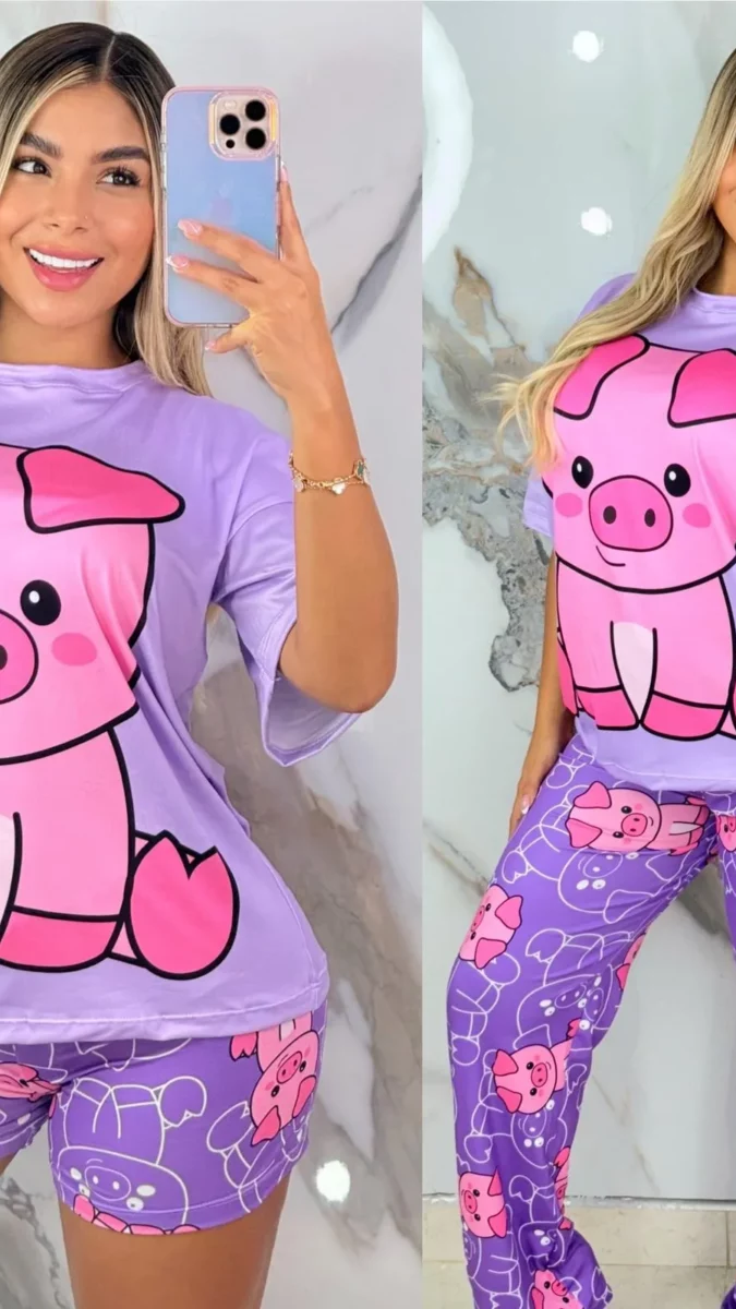 Pijama de dos piezas con diseño de cerdito lila Talla unica
