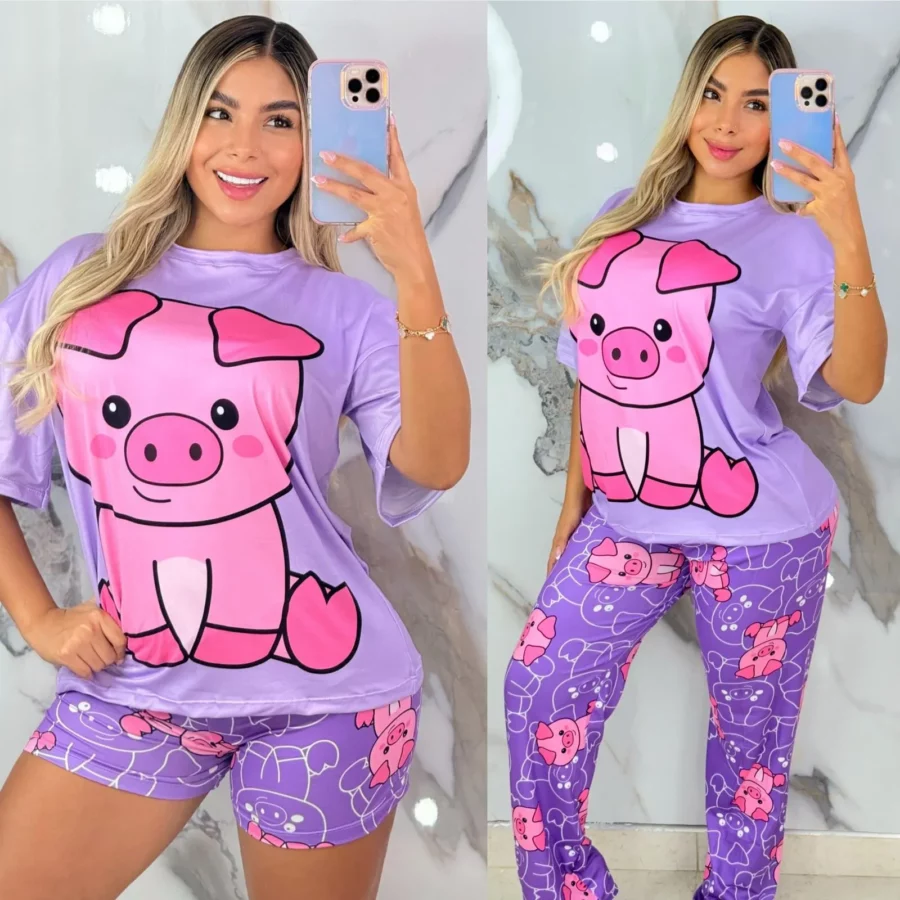 Pijama de dos piezas con diseño de cerdito lila Talla unica