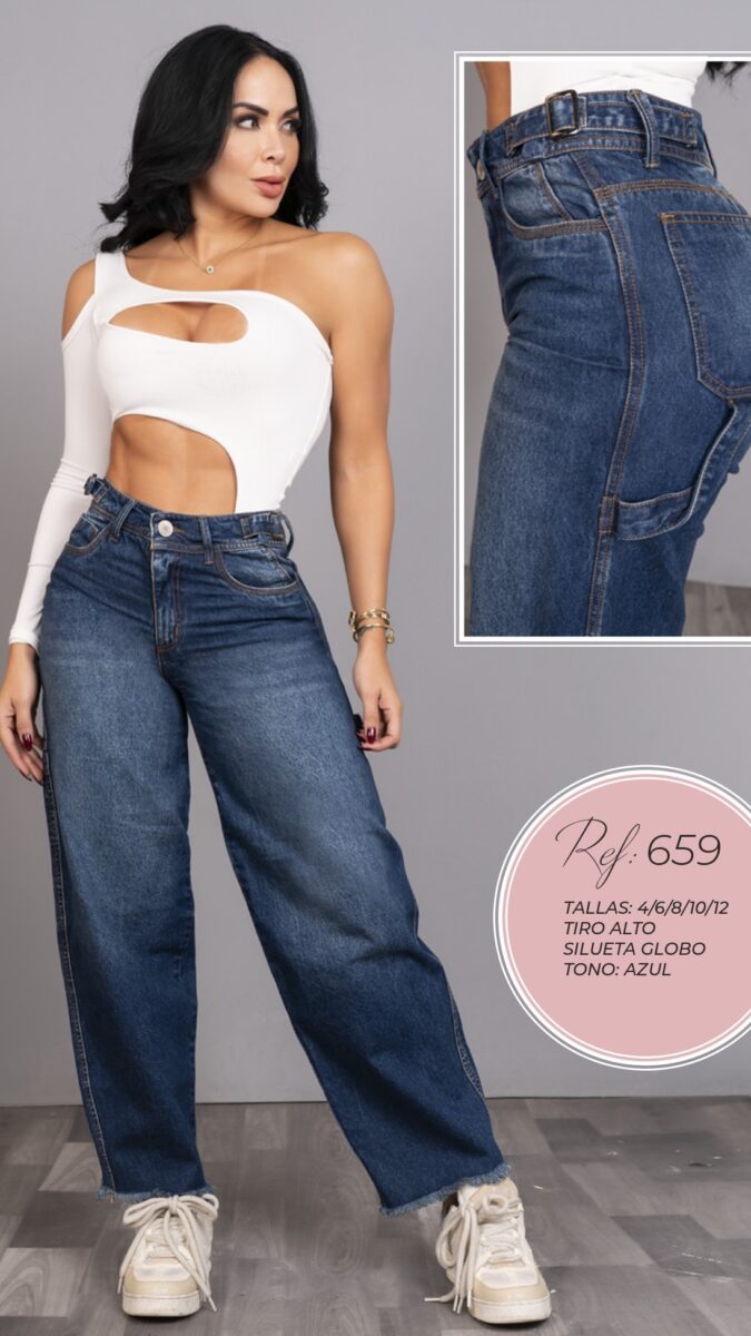 Jean ancho push up con diseño en la cintura y diseño debajo de los bolsillos