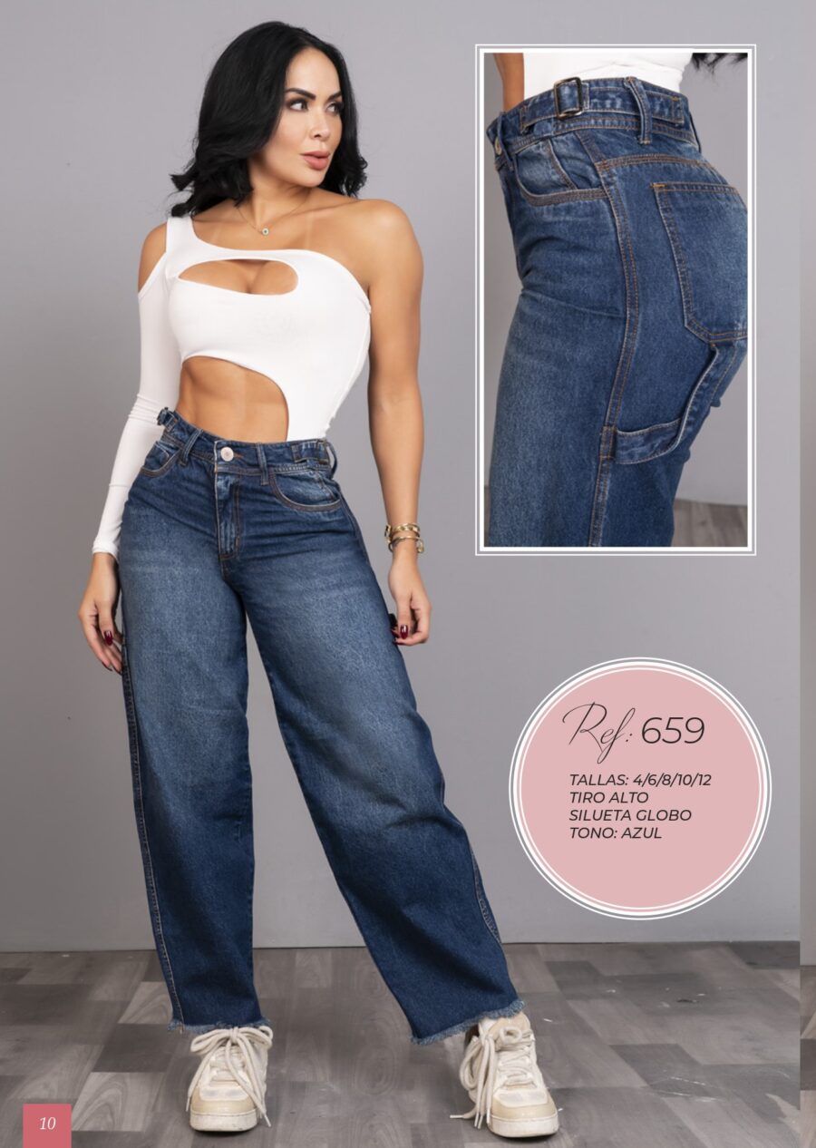 Jean ancho push up con diseño en la cintura y diseño debajo de los bolsillos