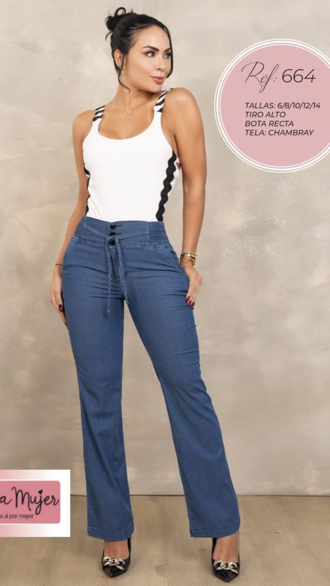 Pantalon chambray smart tiro alto y lazo en la cintura