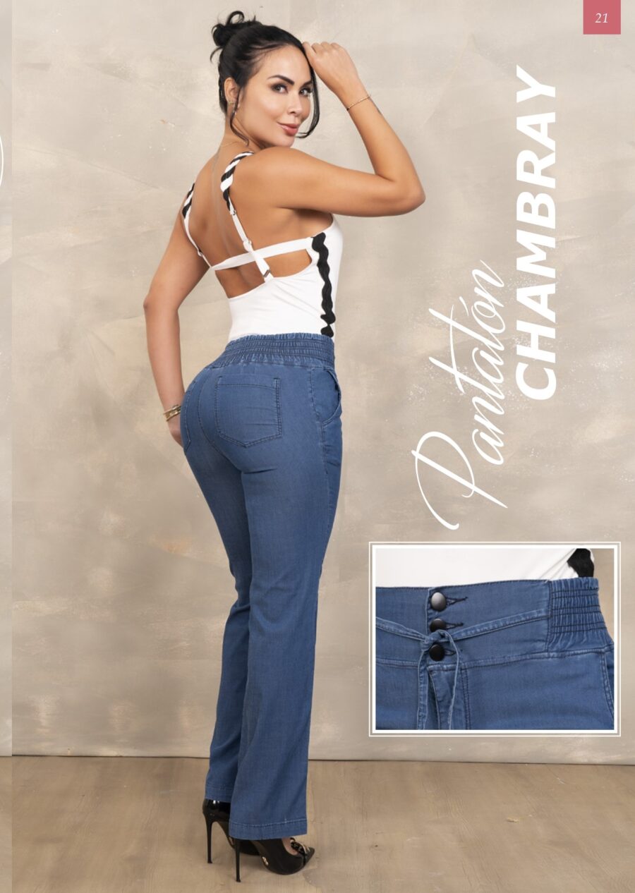 Pantalon chambray smart tiro alto y lazo en la cintura - Image 2