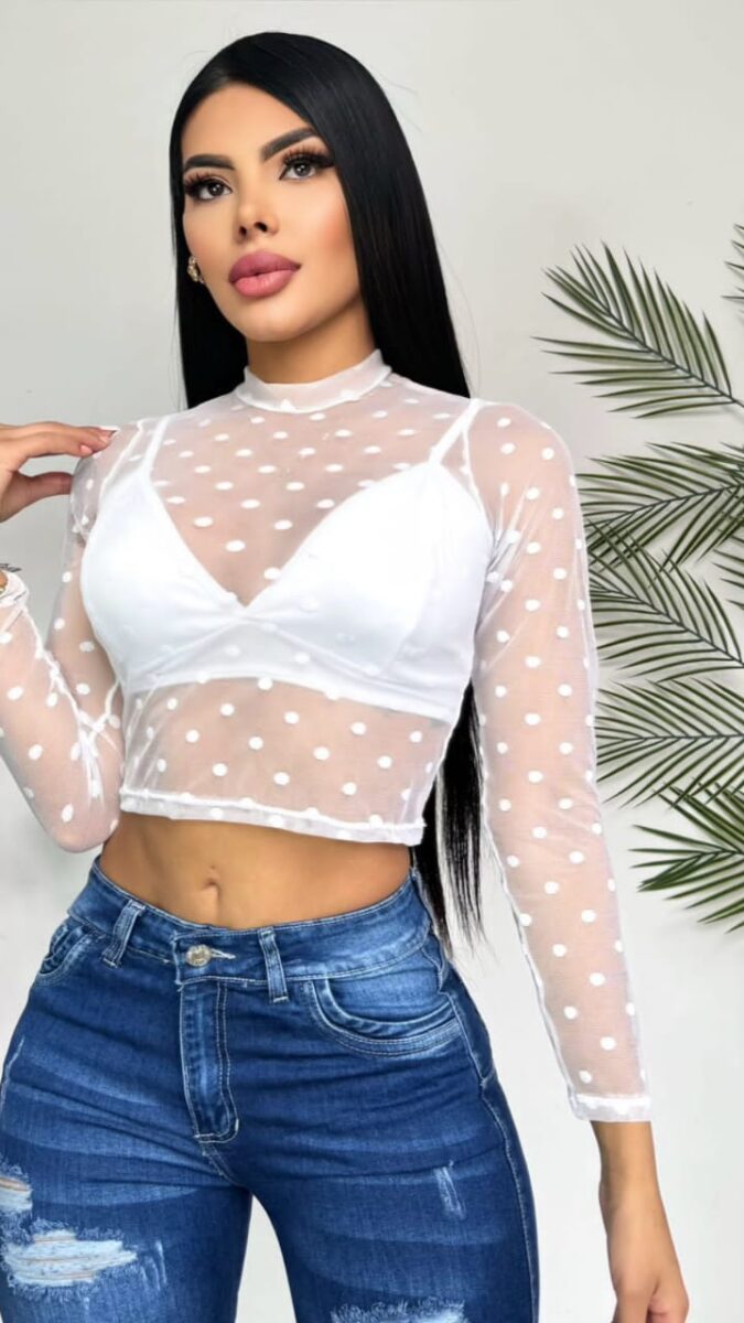 Crop top transparente con estampado de puntos