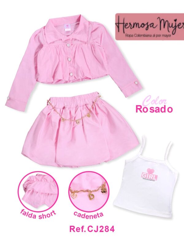 Conjunto falda camisa y tirantes para niña
