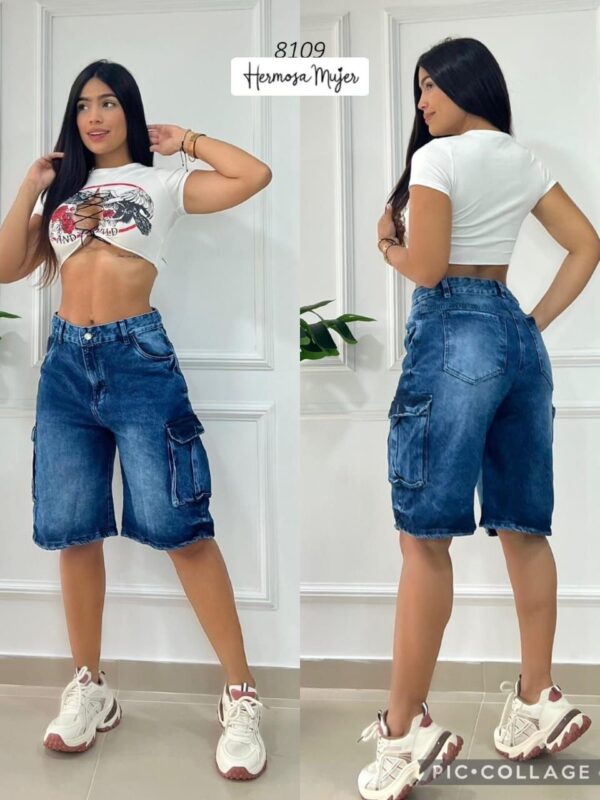 Bermuda para mujer tipo cargo en mezclilla