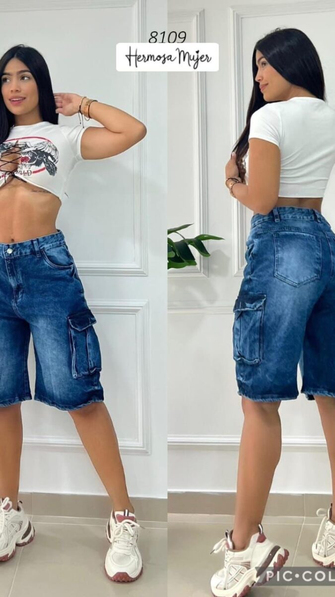 Bermuda para mujer tipo cargo en mezclilla