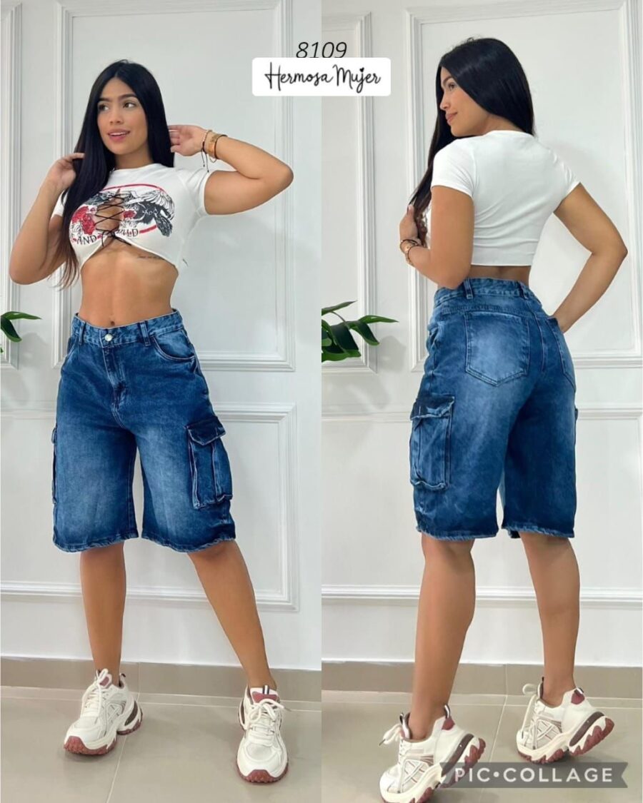 Bermuda para mujer tipo cargo en mezclilla