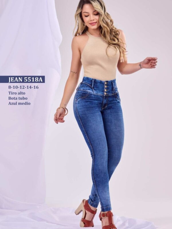 Jean push up bota tubo tiro alto con 4 botones