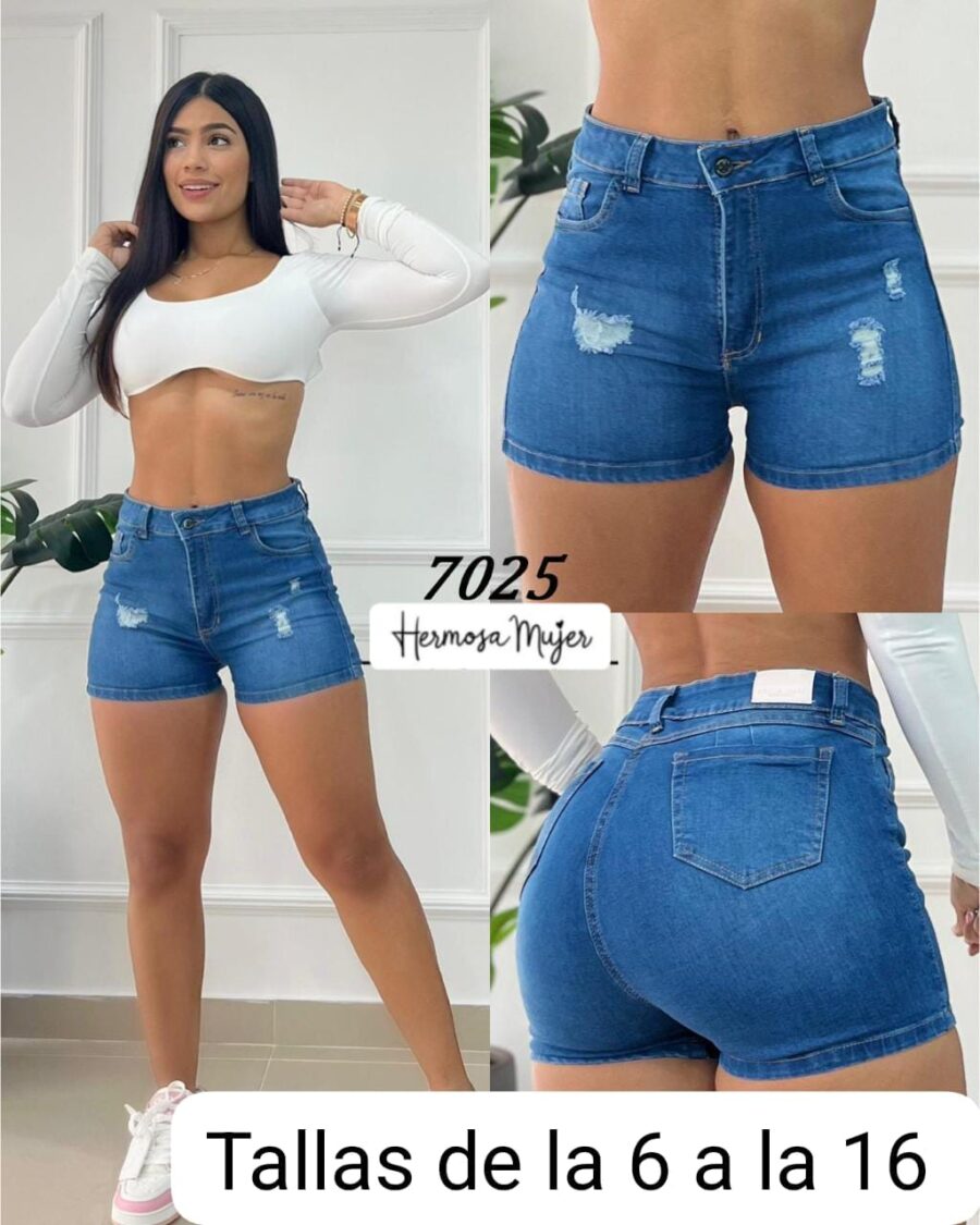 Short mujer licrado con desgaste y bolsillos traseros
