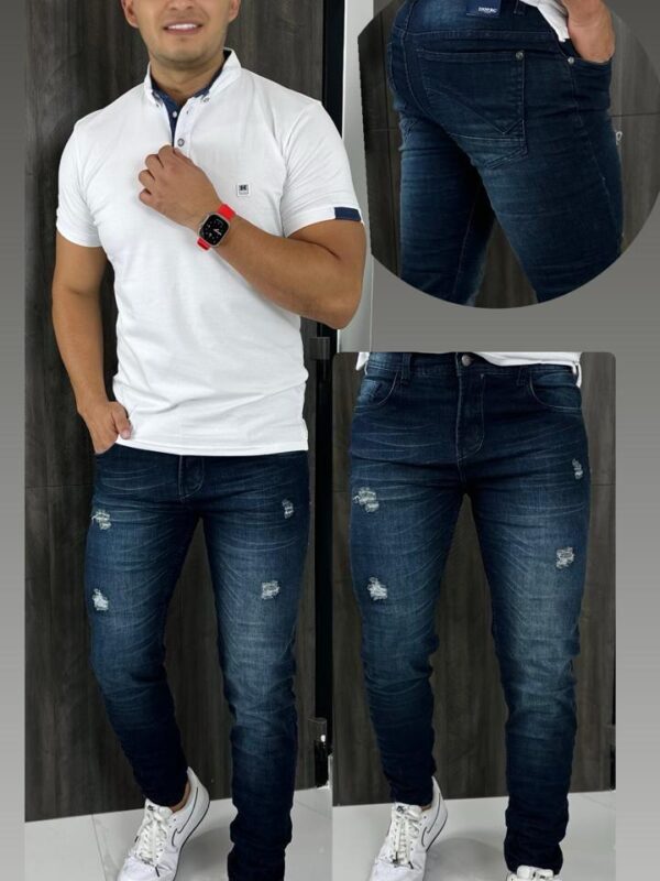 Jean para hombre skinny en mezclilla con pequeños rotos