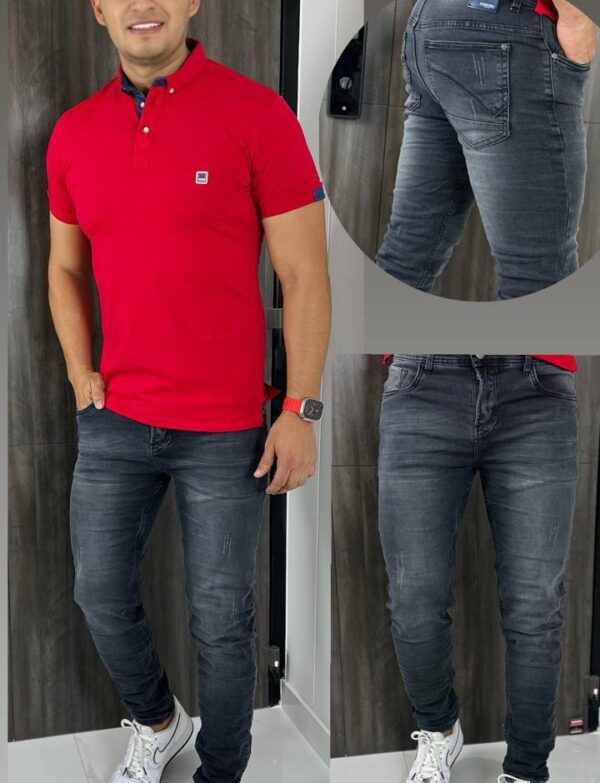 Jean bota tubo gris desgaste en muslos para hombre