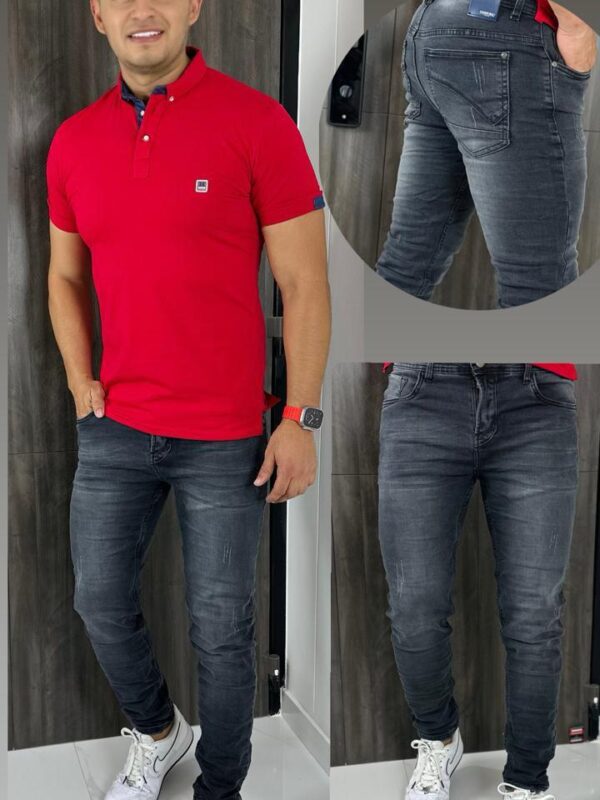 Jean bota tubo gris desgaste en muslos para hombre