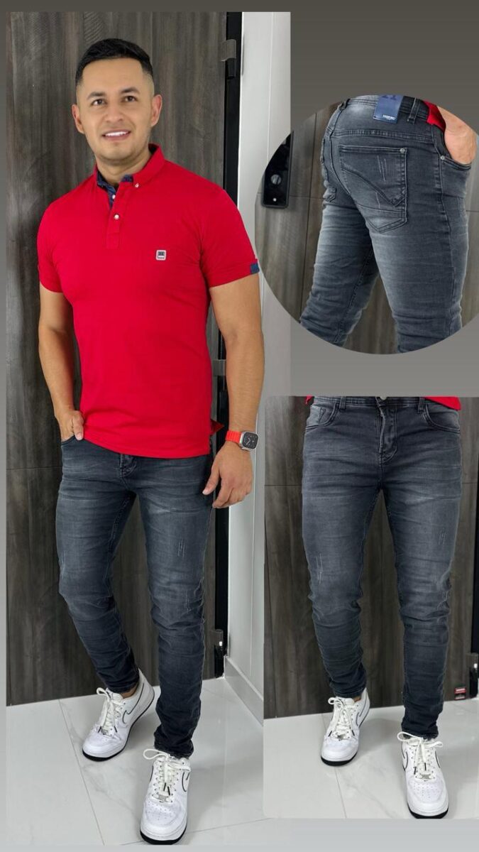 Jean bota tubo gris desgaste en muslos para hombre