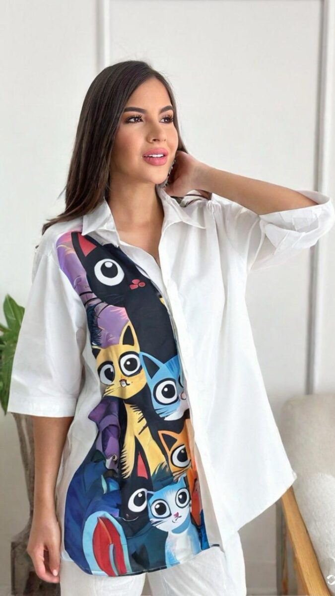 Blusa larga con estampado de gatitos talla unica para mujer