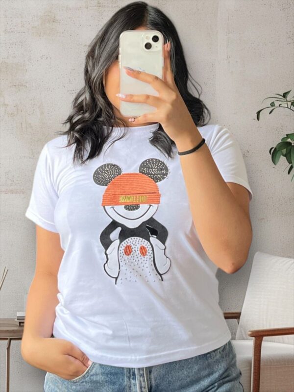 Camiseta lisa con pedreria en forma de mickey mouse para mujer