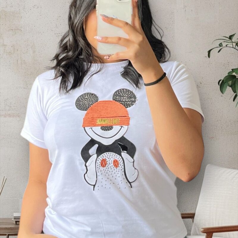 Camiseta lisa con pedreria en forma de mickey mouse para mujer
