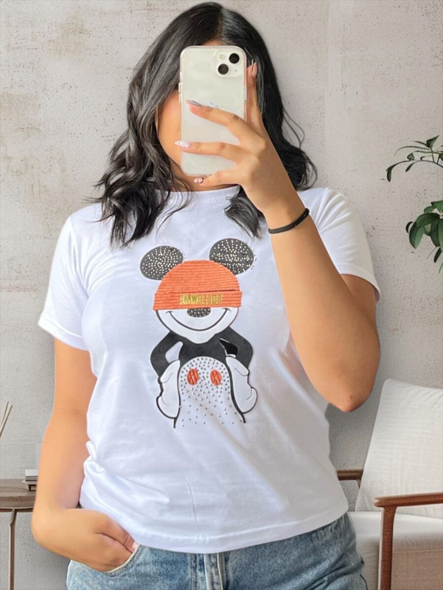 Camiseta lisa con pedreria en forma de mickey mouse para mujer