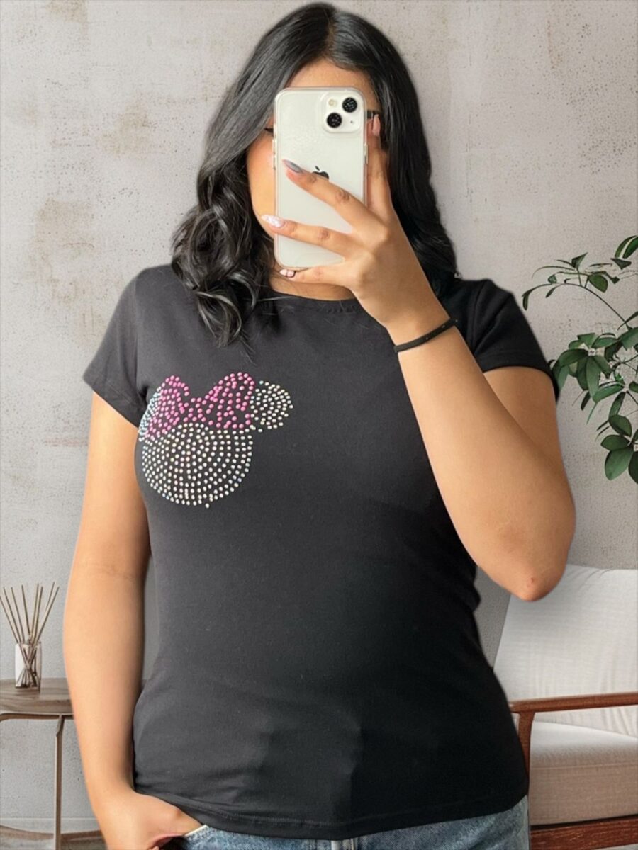 Camiseta lisa con pedreria en forma de minnie mouse para mujer