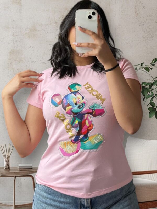 Camiseta con estampado de mickey mouse y pedreria para mujer