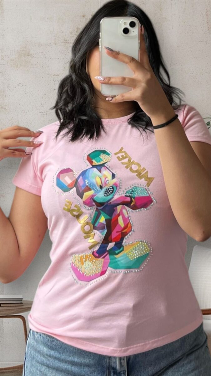 Camiseta con estampado de mickey mouse y pedreria para mujer