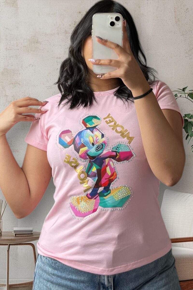 Camiseta con estampado de mickey mouse y pedreria para mujer