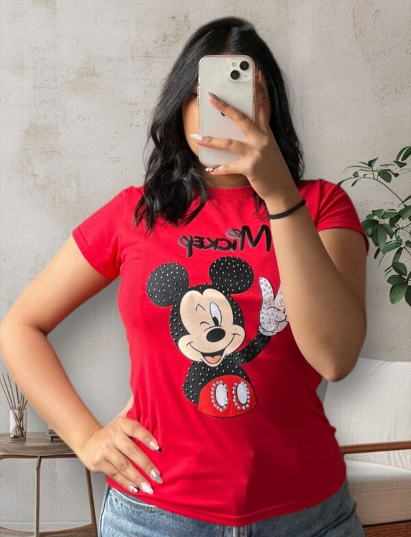 Camiseta con diseño de mickey mouse y pedreria para mujer