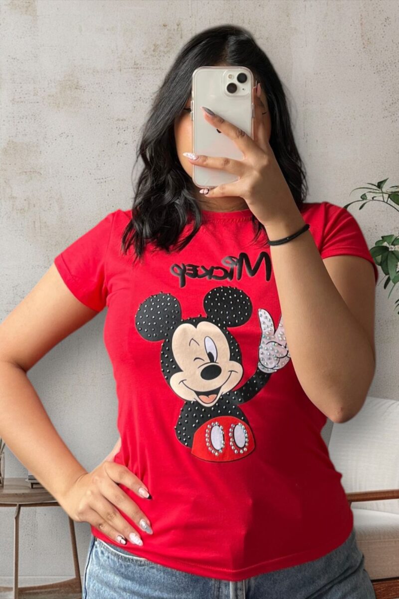 Camiseta con diseño de mickey mouse y pedreria para mujer