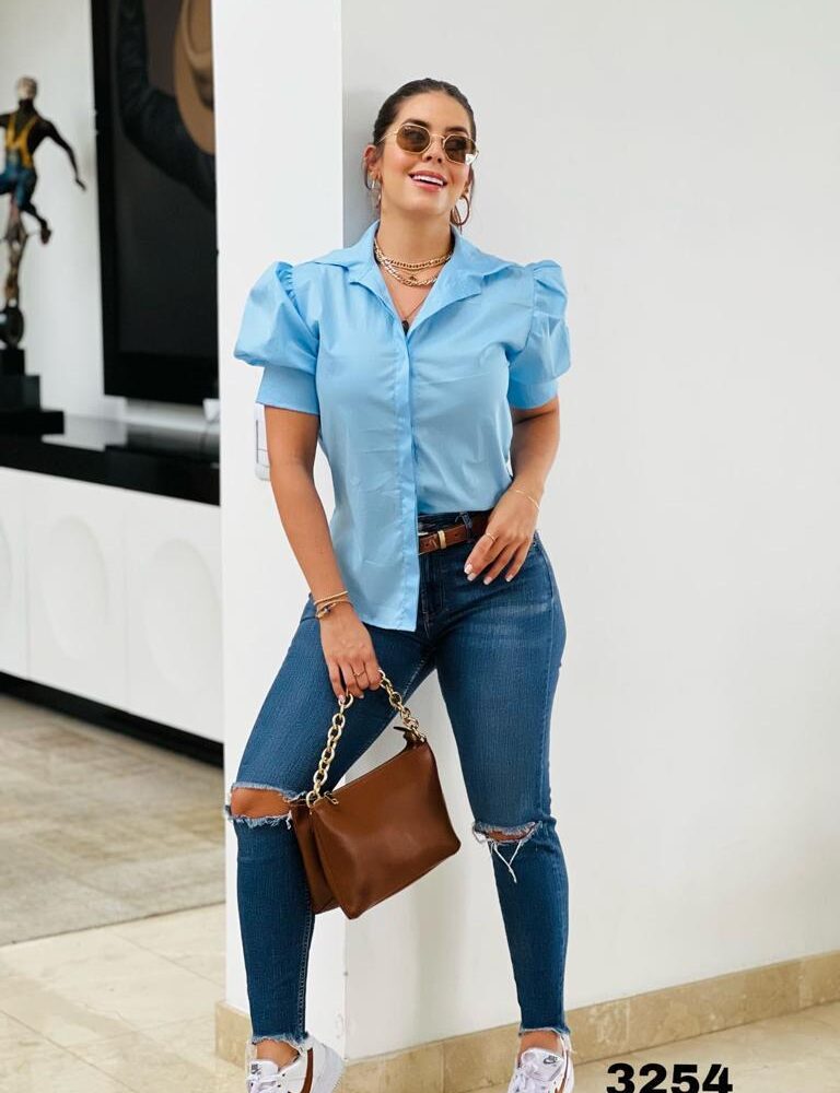 Camisa con manga globo y cuello en v talla unica