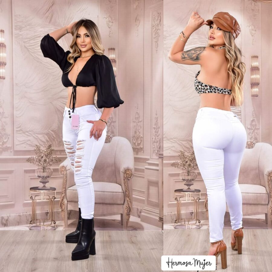 Jean skinny blanco con rotos sin bolsillos