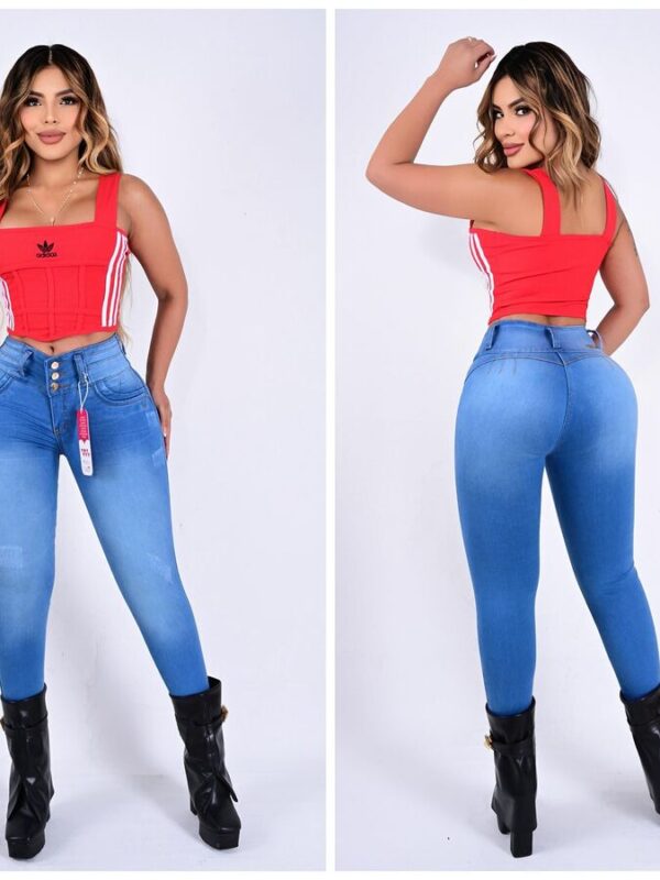 Jean sin bolsillos para mujer levanta cola skinny tres botones