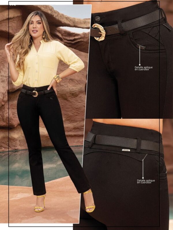 Jean negro push up bota tubo con tres botones y cinturon para mujer