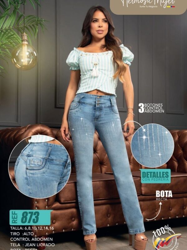 Jean push up para mujer bota recta con pedreria
