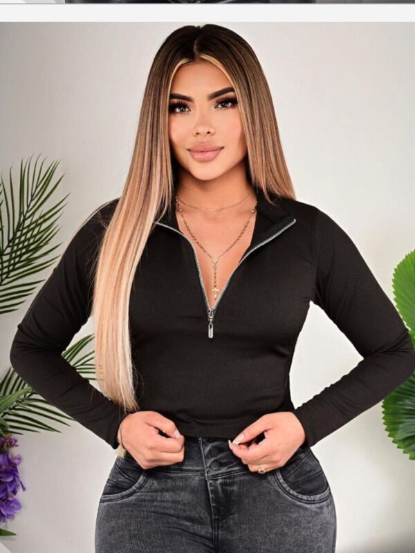Crop top manga larga y escote con cremallera para mujer