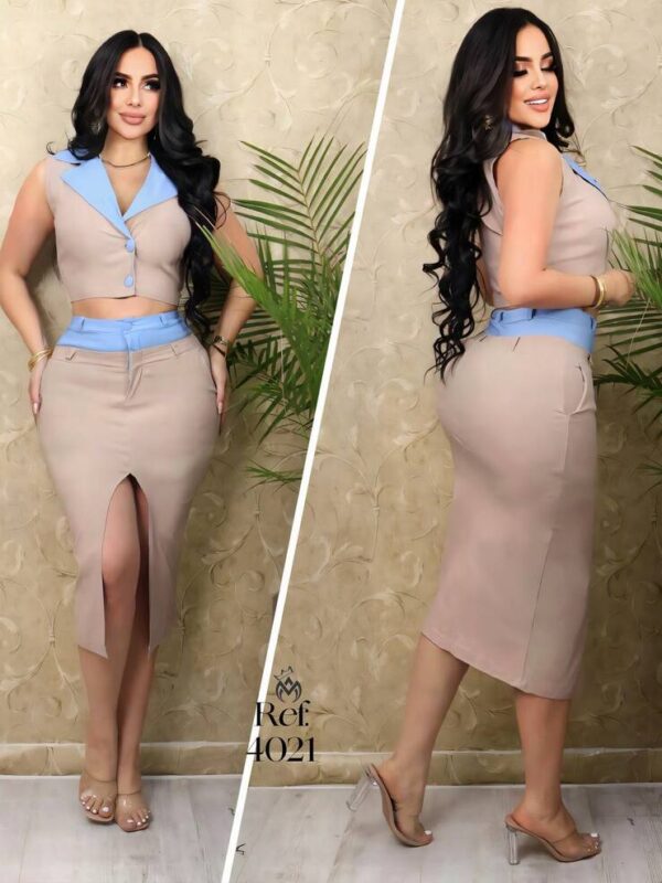 Conjunto elegante con falda y chaleco para mujer
