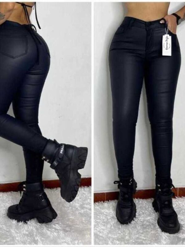 Pantalon push up negro bota tubo estilo cuero para mujer