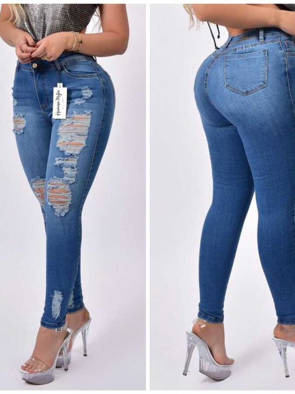 Pantalon push up azul oscuro bota tubo con rotos para mujer