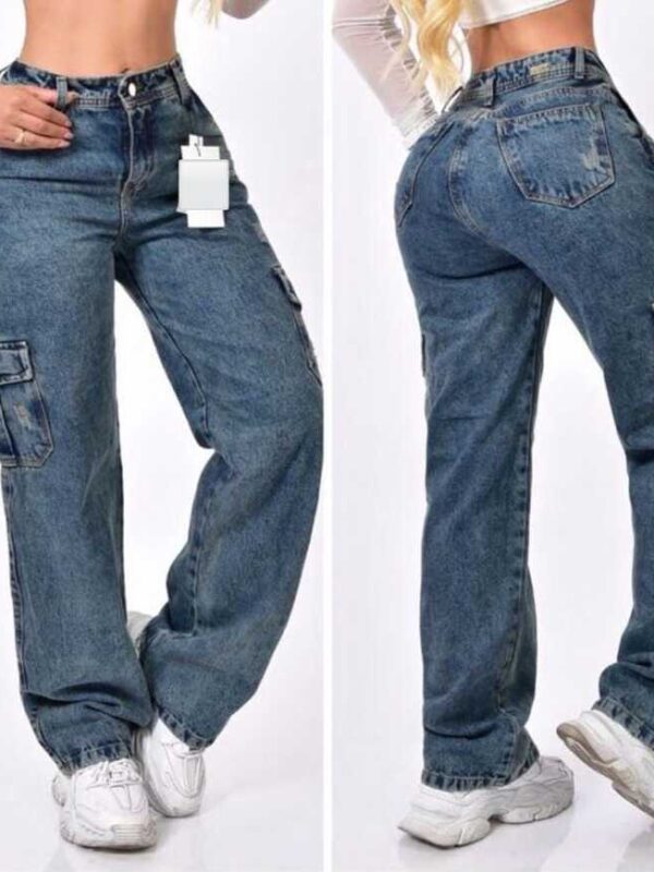 Jean levanta cola azul oscuro tipo cargo bota recta para mujer